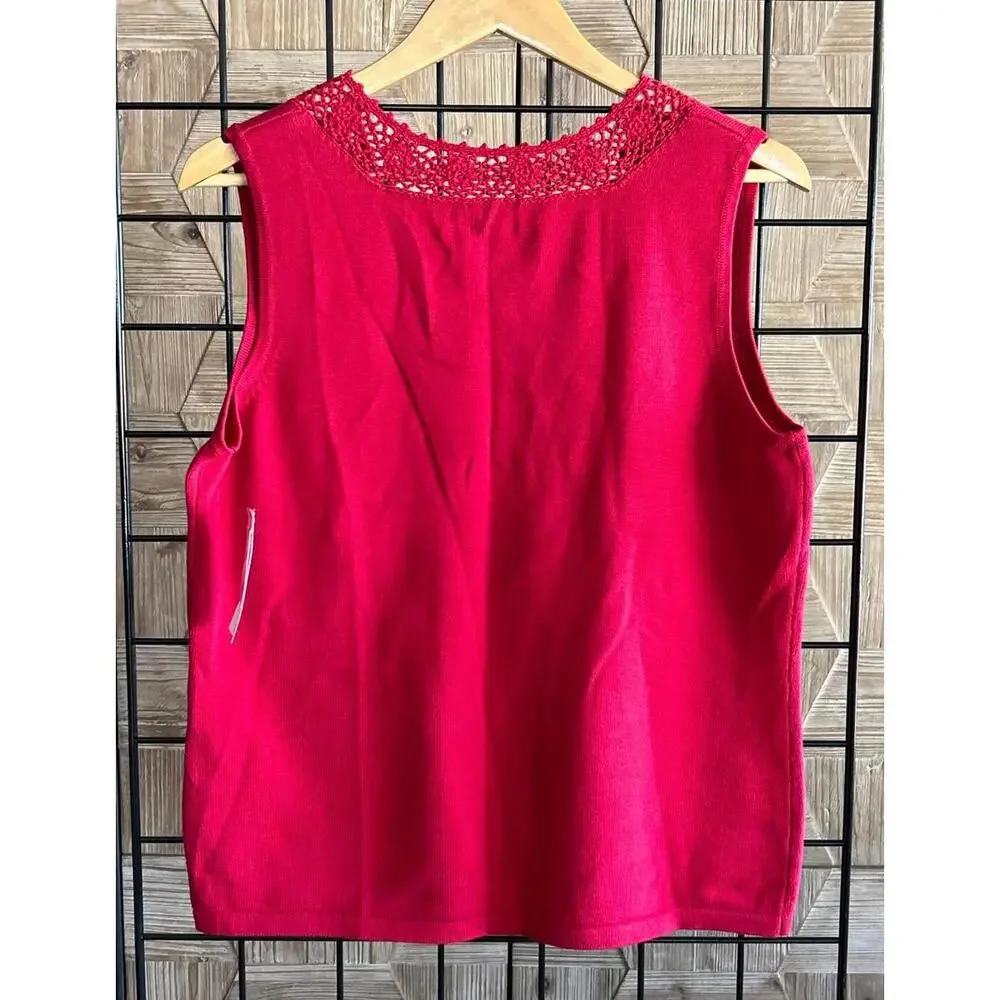 NWT Rafaella Knit Top XL Red Crochet Neckline Sleeveless Boho